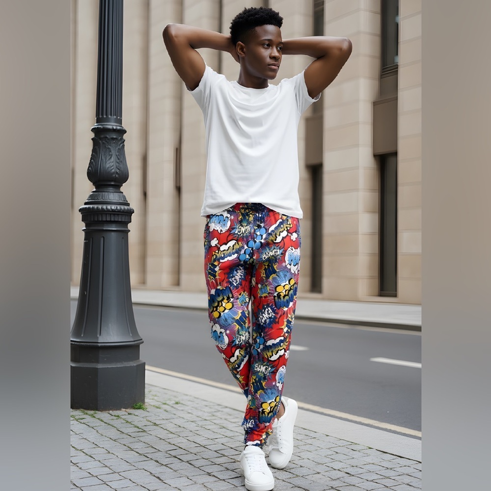 NWT Oh Snap! SZ M OR L blue/red/multicolor “boom/bang” print jogger